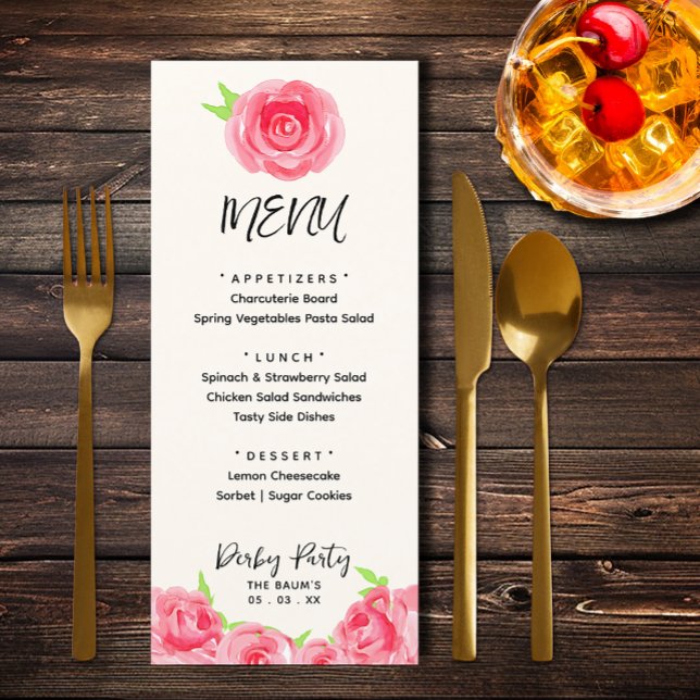Chic Rose Floral Derby Day Party Menükarte (Chic watercolor roses floral Derby Day party menus)