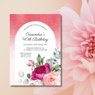 Chic Rose Floral Red Glitzer Geburtstag Einladung