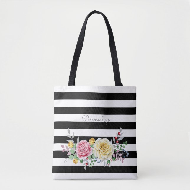 Chic Rose Floral Trendy Black Stripes und Name (Vorderseite)