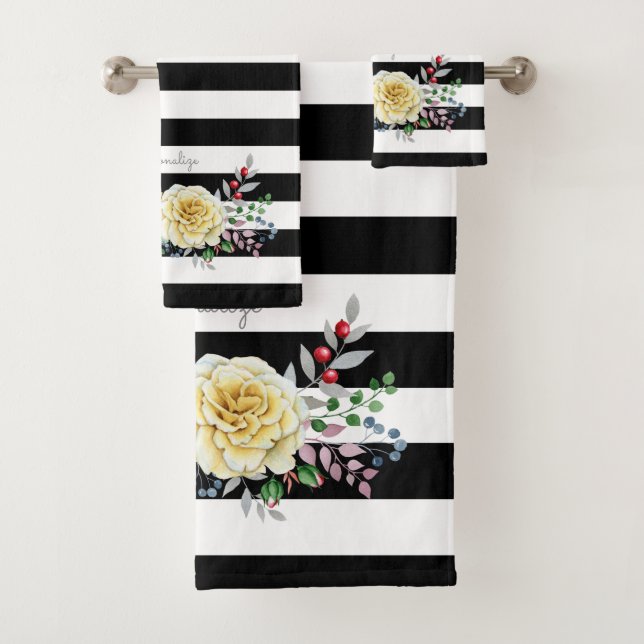 Chic Rose Floral Trendy Black Stripes und Name Badhandtuch Set (Insitu)