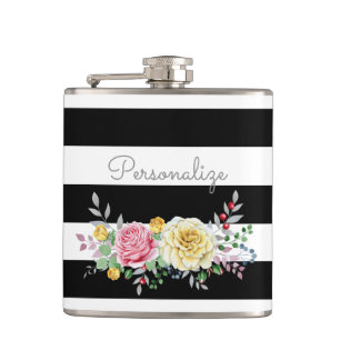 Chic Rose Floral Trendy Black Stripes und Name Flachmann