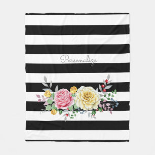Chic Rose Floral Trendy Black Stripes und Name Fleecedecke