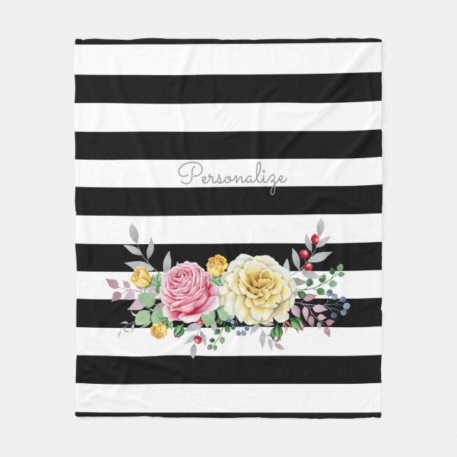 Chic Rose Floral Trendy Black Stripes und Name Fleecedecke (Vorderseite)