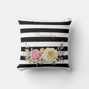 Chic Rose Floral Trendy Black Stripes und Name Kissen