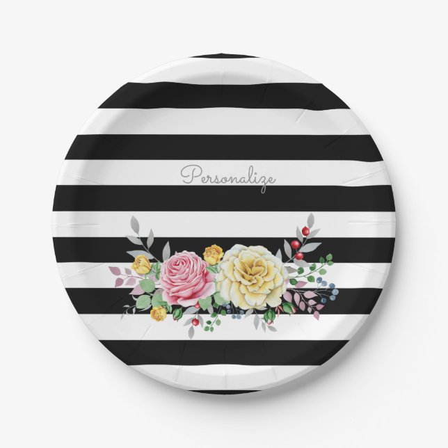 Chic Rose Floral Trendy Black Stripes und Name Pappteller (Vorderseite)