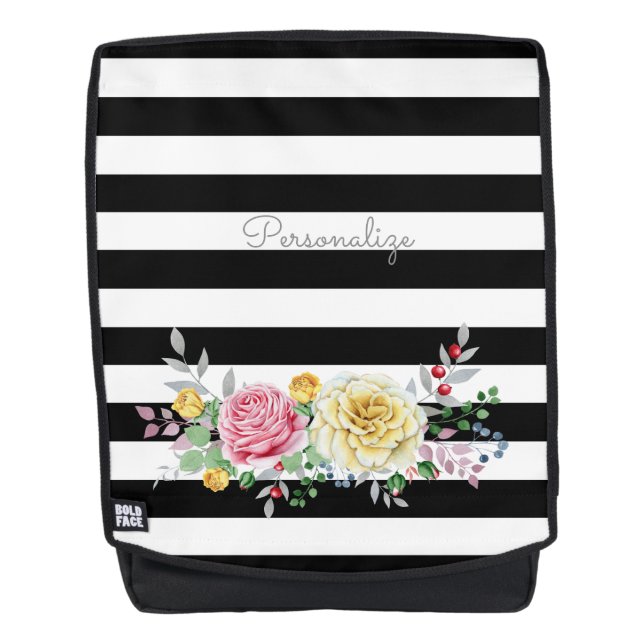 Chic Rose Floral Trendy Black Stripes und Name Rucksack (Vorderseite)