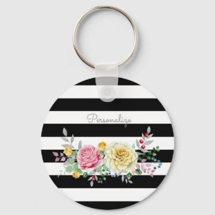 Chic Rose Floral Trendy Black Stripes und Name Schlüsselanhänger