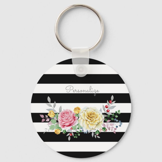 Chic Rose Floral Trendy Black Stripes und Name Schlüsselanhänger (Vorderseite)