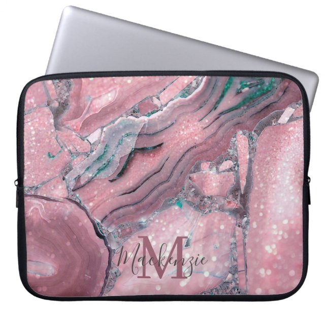 Chic Rose Gold Agate Geode Sparkle Monogram Laptopschutzhülle (Vorderseite)