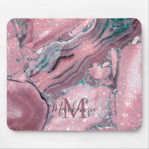 Chic Rose Gold Agate Geode Sparkle Monogram Mousepad