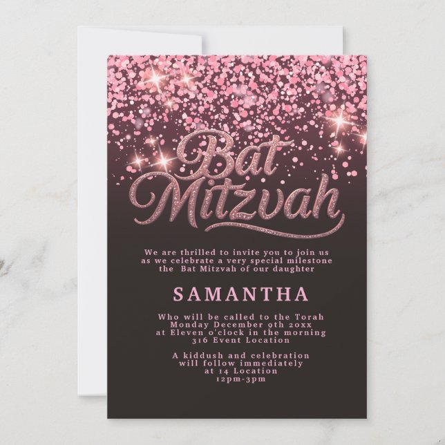 Chic Rose Gold & Black Bat Mitzvah Invitation Einladung (Vorderseite)