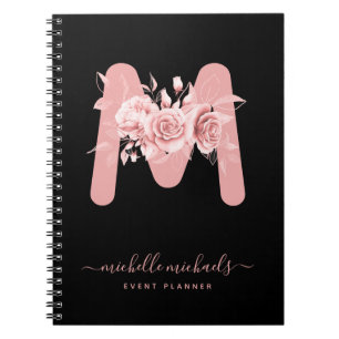 Chic Rose Gold Black Floral Watercolor Monogram Notizblock