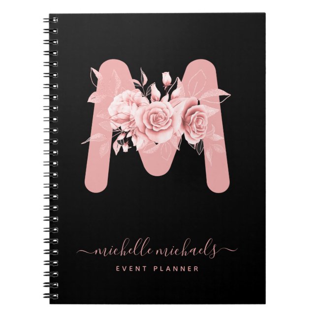 Chic Rose Gold Black Floral Watercolor Monogram Notizblock (Vorderseite)