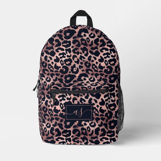 Chic Rose Gold Black Leopard Print Mit Monogramm Bedruckter Rucksack (Vorderseite)