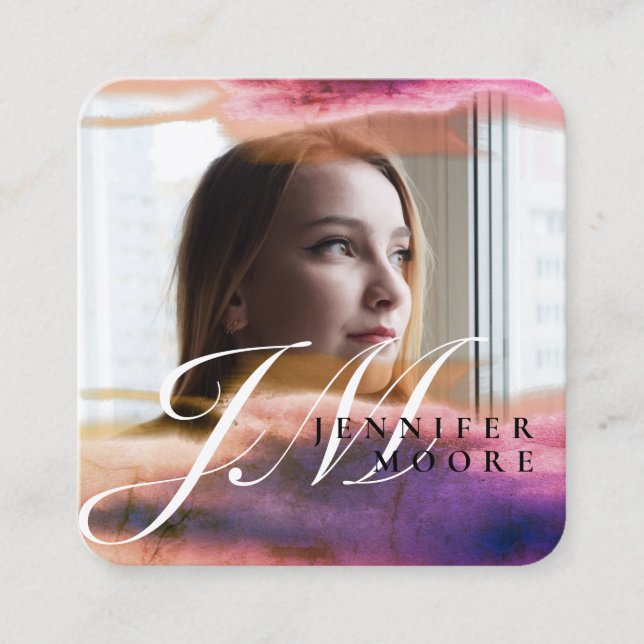 Chic Rose Gold Blue Watercolor Monogram Foto Quadratische Visitenkarte (Vorderseite)