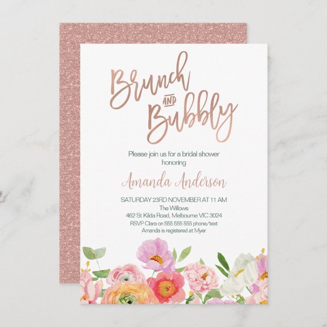 Chic Rose Gold Blumenbrunch Bubbly Brautparty Einladung (Vorne/Hinten)