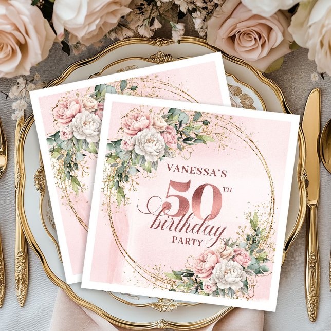 Chic Rose Gold Blush Floral Greenery 50th Birthday Serviette (Chic Rose Gold Blush Floral Greenery 50th Birthday Napkins

)