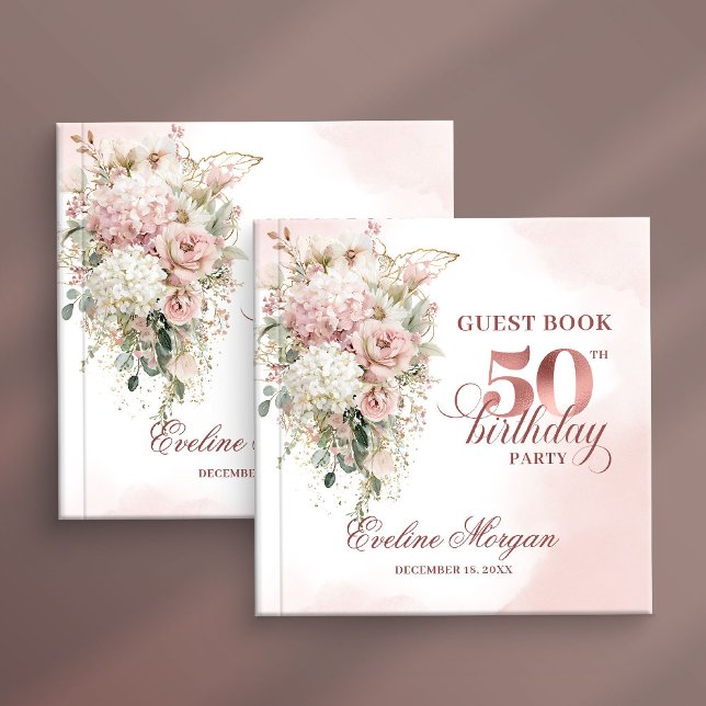 Chic Rose Gold Blush Flowers 50th Birthday Guestbo Gästebuch (Chic Rose Gold Blush Flowers 50th Birthday Guestbook)