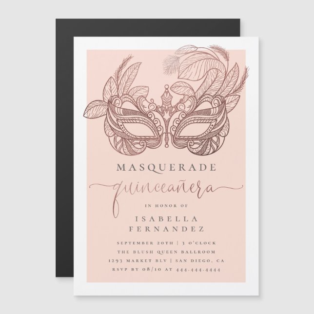 Chic Rose Gold & Blush Masquerade Quinceañera Magneteinladung (Vorne/Hinten)