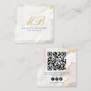 Chic Rose Gold Blush Rosa Marmormor Monogram QR Co Quadratische Visitenkarte