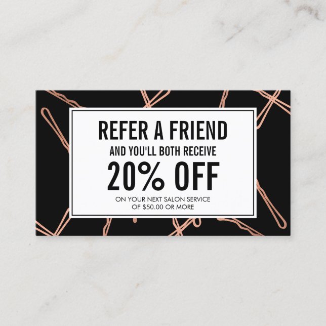 Chic Rose Gold Bobby Buttone auf Black Refercard Empfehlungskarte (Vorderseite)