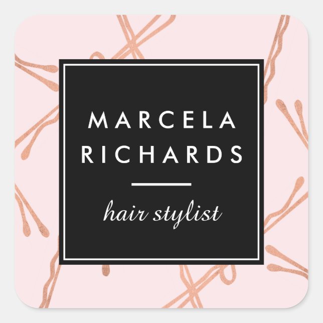 Chic Rose Gold Bobby Buttone Friseur Stylistische  Quadratischer Aufkleber (Vorderseite)