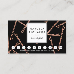 Chic Rose Gold Bobby Buttons Friseur Salon Schwarz Treuekarte