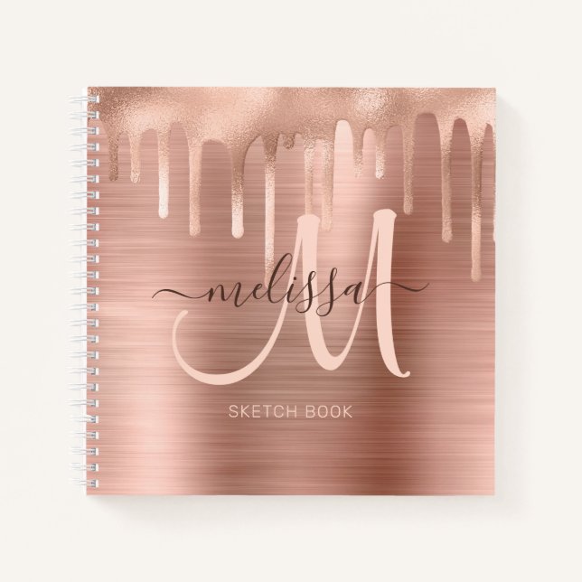 Chic Rose Gold Brushed Metal Blush Monogram Sketch Notizbuch (Vorderseite)