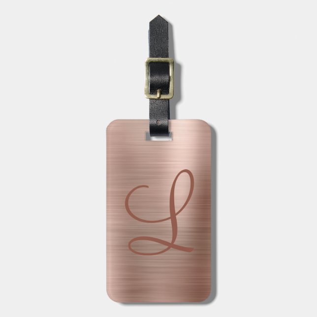 Chic Rose Gold Brushed Metal Monogram Gepäckanhänger (Vorderseite vertikal)