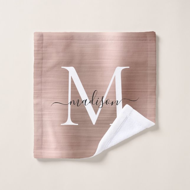 Chic Rose Gold Brushed Metal Monogram Girl Script Waschlappen (Waschlappen)