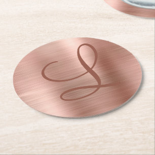 Chic Rose Gold Brushed Metal Monogram Initial Runder Pappuntersetzer