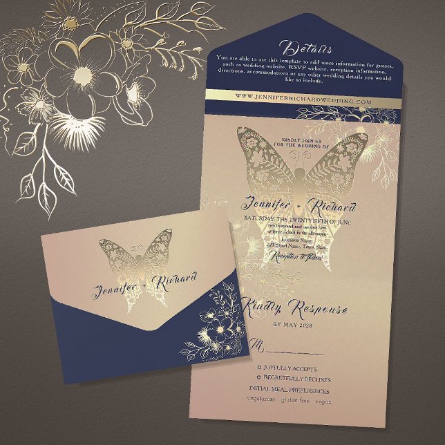 Chic Rose Gold Butterfly Wedding All In One Einladung (Von Creator hochgeladen)