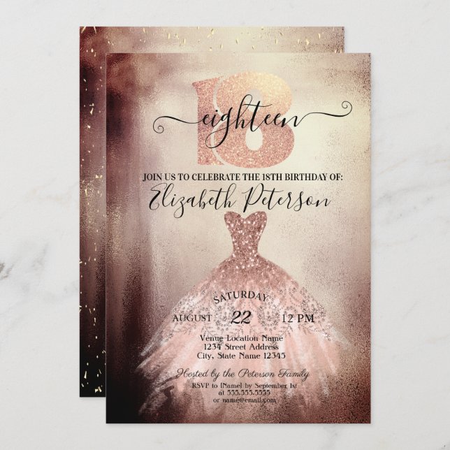 Chic Rose Gold Dress Confetti 18. Geburtstag Einladung (Vorne/Hinten)