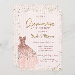 Chic Rose Gold Dress Confetti Stripes Quinceañera Einladung