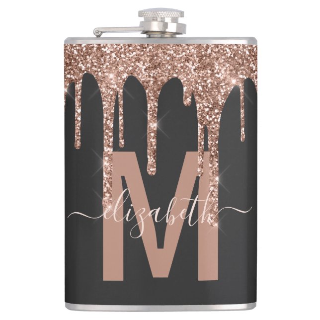 Chic Rose Gold Drilling Glitzer Monogram Name Flachmann (Vorderseite)