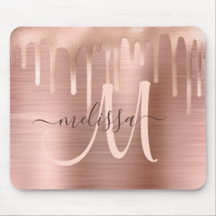 Chic Rose Gold Dripping Brushed Metal Blush Script Mousepad