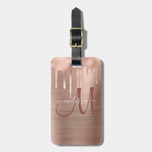 Chic Rose Gold Dripping Brushed Metal Monogram Gepäckanhänger (Vorderseite vertikal)