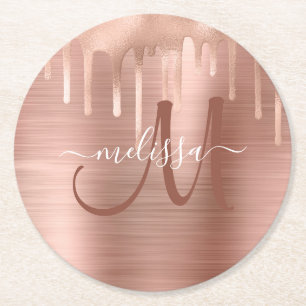 Chic Rose Gold Dripping Brushed Metal Monogram Runder Pappuntersetzer