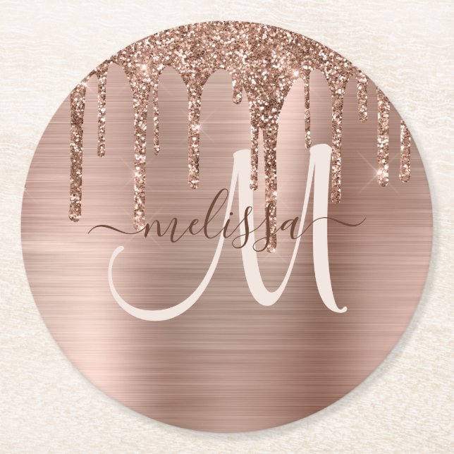 Chic Rose Gold Dripping Glitzer Brushed Metal Glam Runder Pappuntersetzer (Vorderseite)