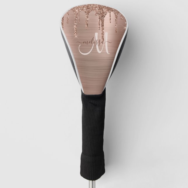 Chic Rose Gold Dripping Glitzer Metal Monogram Golf Headcover (Vorderseite)