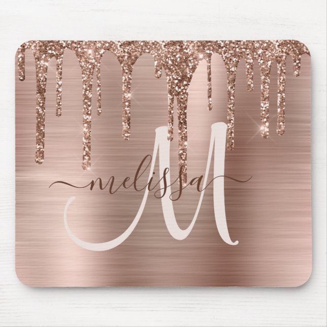 Chic Rose Gold Dripping Glitzer Metal Monogram Mousepad (Vorne)