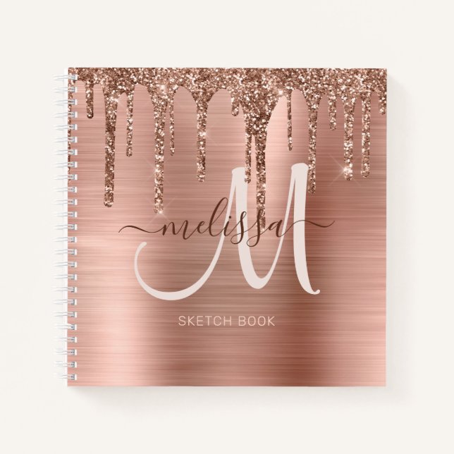 Chic Rose Gold Dripping Glitzer Monogram Sketch Notizbuch (Vorderseite)