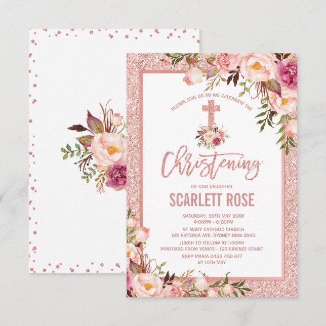 Chic Rose Gold Floral Christening Baby Girl Einladung (Vorne/Hinten)