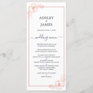 Chic Rose Gold Floral Kontur Navy Blue Wedding Menükarte