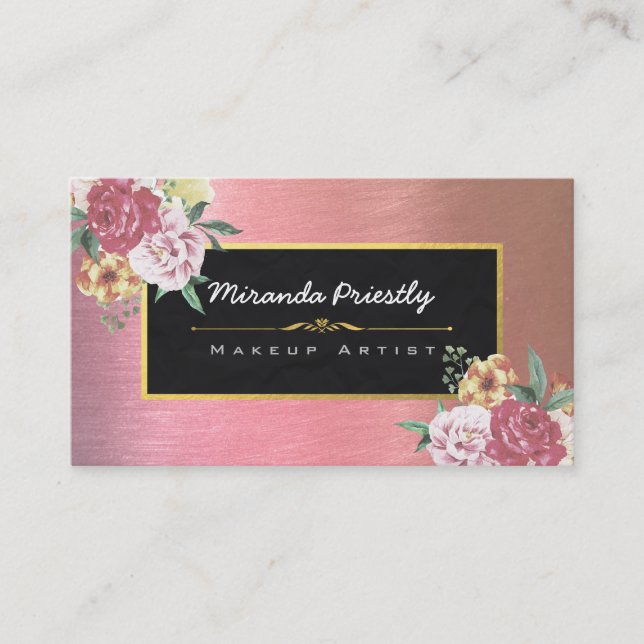 Chic Rose Gold Floral Makeup Künstlertrappe Stylis Visitenkarte (Vorderseite)