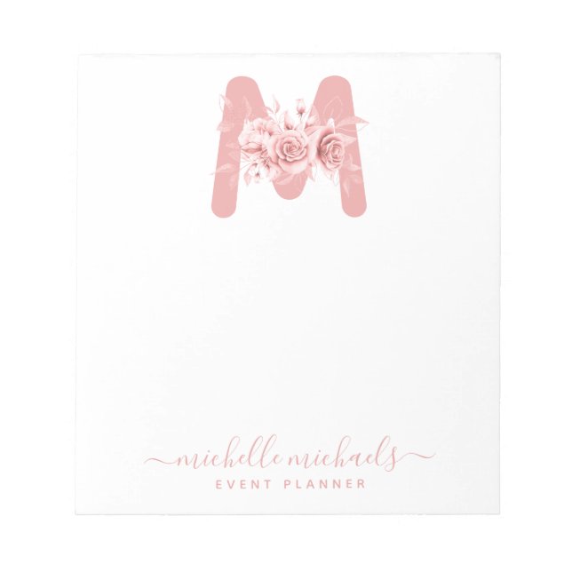 Chic Rose Gold Floral Watercolor Monogram Notizblock (Vorderseite)