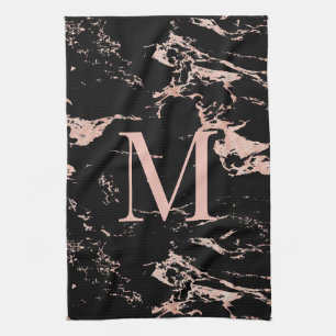 Chic Rose Gold Foil Black Marble Monogram Geschirrtuch