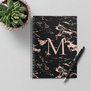 Chic Rose Gold Foil Black Marble Monogram Notizbuch