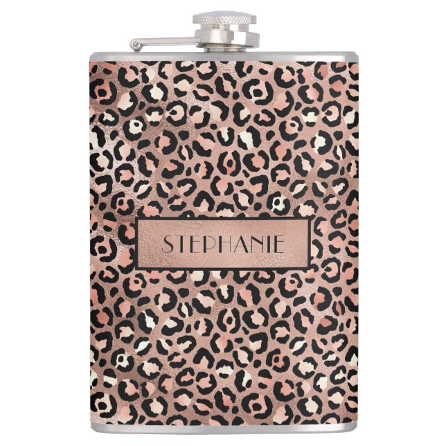 Chic Rose Gold Foil Leopard Print Personalisiert Flachmann (Vorderseite)