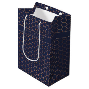 Chic Rose Gold Foil Navy Blue Geometric Corporate Mittlere Geschenktüte